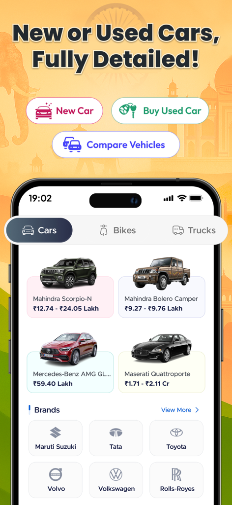 Mobile app interface showing new and used car prices in India with various vehicle brands