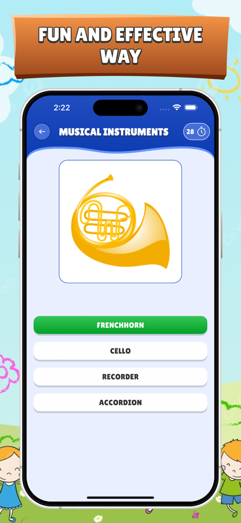 Spanish for Kids and Beginners - A screen from the Spanish for Kids app showing a vocabulary quiz for musical instruments featuring a French horn.