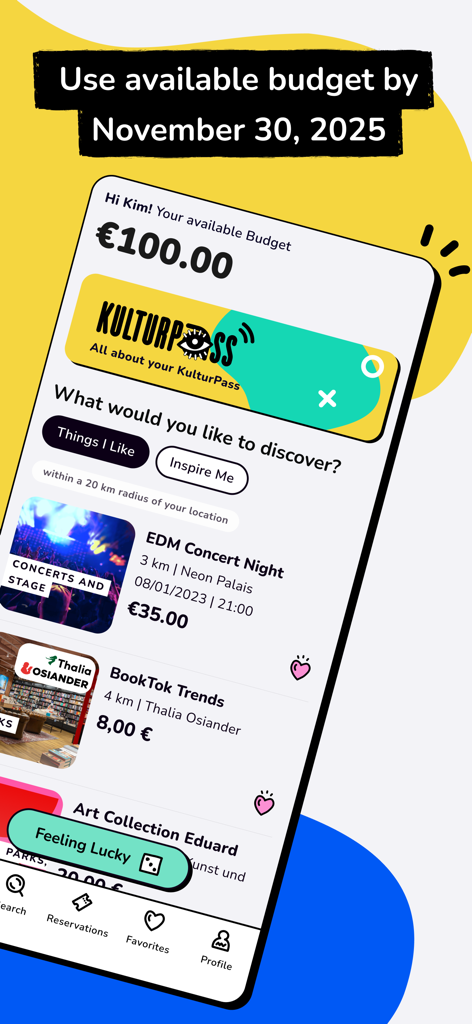 KulturPass DE - KulturPass DE app dashboard showing cultural budget and marketplace events