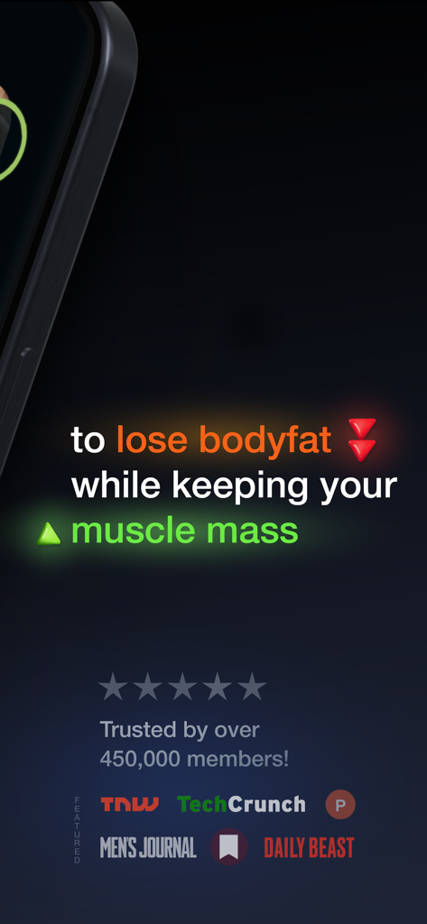 Gyroscope - Gyroscope app promotional screen highlighting fat loss and muscle mass retention with media endorsements from TechCrunch and Men's Journal.
