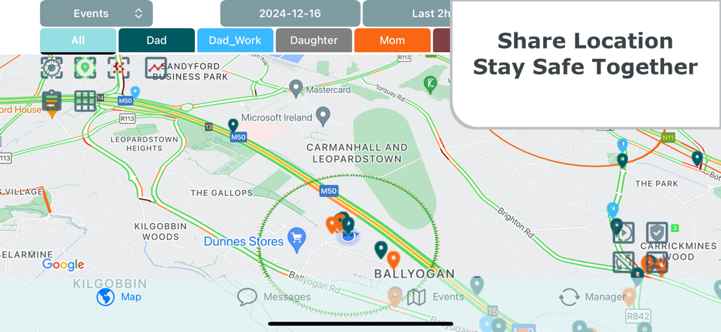 Be-Maps - Interfaz de la aplicación Be-Maps que muestra las ubicaciones en tiempo real de los miembros de la familia en un mapa con una superposición "Compartir Ubicación, Mantenerse Seguro Juntos".