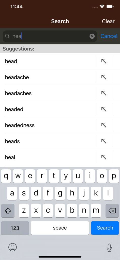 Ganong's Review Physiology 26E - Search interface in the Ganong Physiology app showing word suggestions for medical terms.