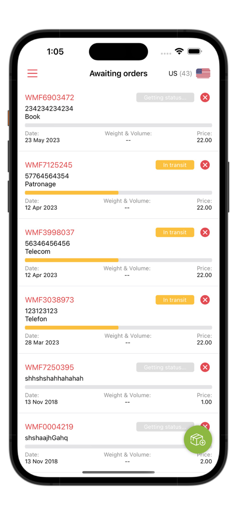 Mobile app interface of BayShop showing a list of awaiting parcel orders with tracking statuses such as In Transit and Getting Status