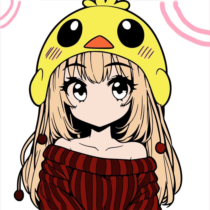 anime girl with chick shaped hat with sweater with bare shoulders with bangs covering them one eye with low tail