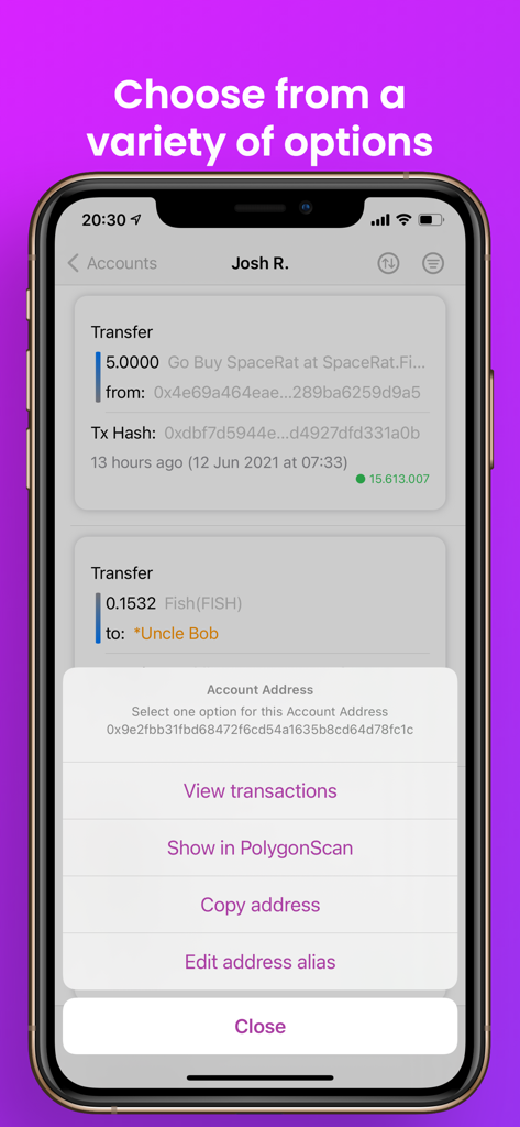 A mobile interface of Polygon Chain Explorer displaying transaction details and account address options like viewing transactions and editing aliases.
