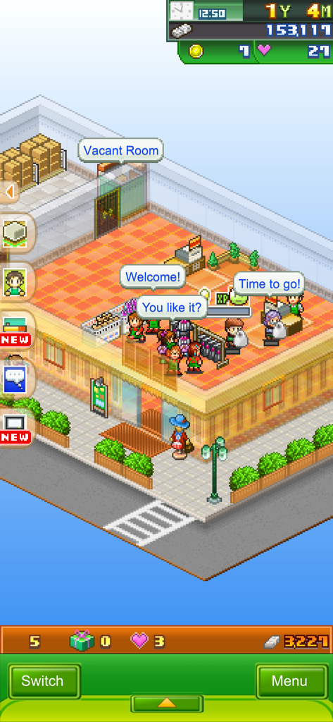 Pixel art shop interior showing customers and staff in Biz Builder Delux SP management simulation.