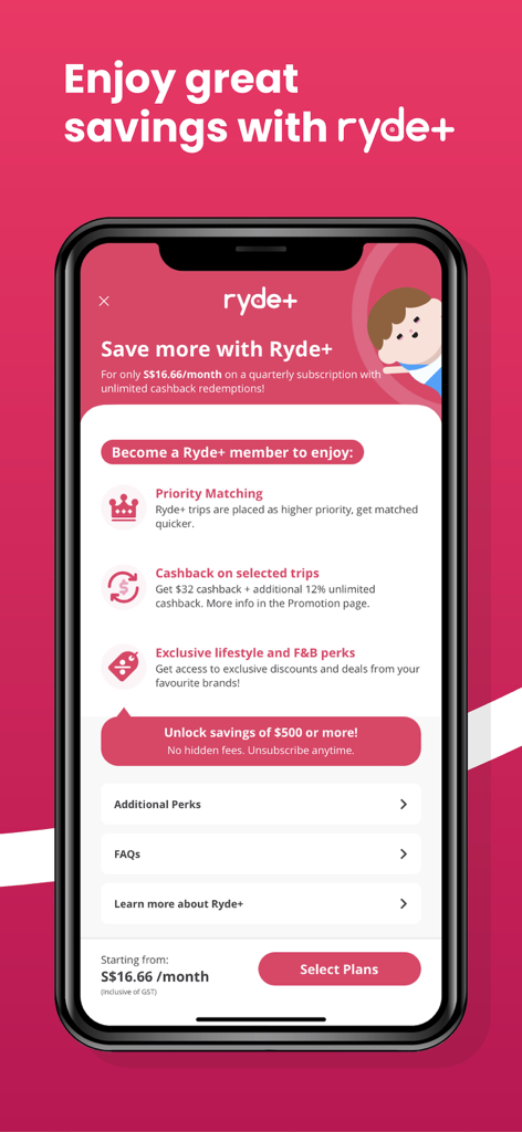 RYDE - Ride Hailing & More - Ryde plus membership page displaying benefits like priority matching and cashback