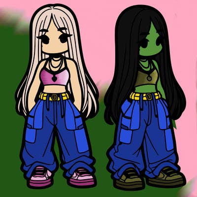 girl in baggy pants crop top and long hair