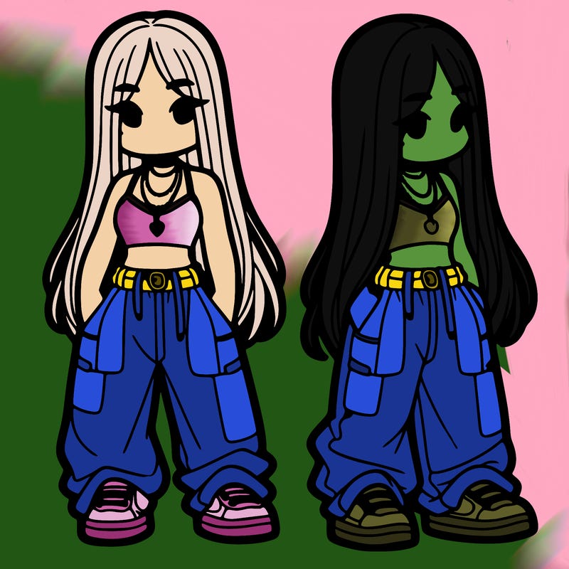 girl in baggy pants crop top and long hair