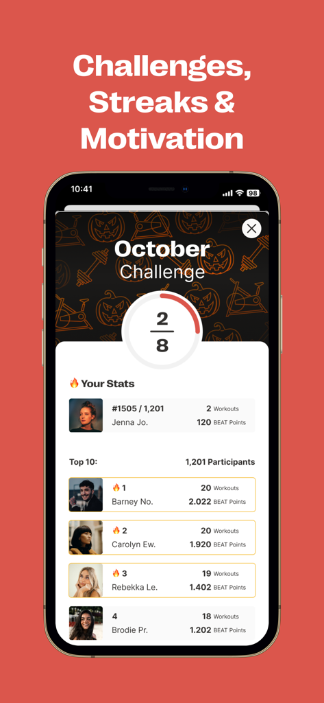 BEAT81 mobile app screen showing October fitness challenge stats and community leaderboard