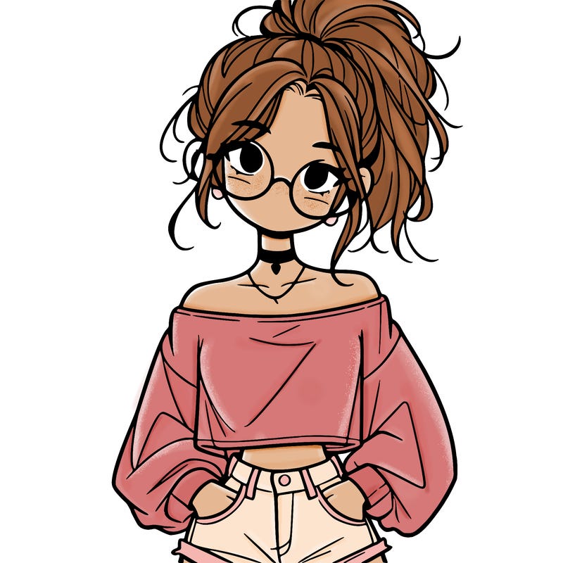girl with a messy ponytail glasses a baggy crop top and jean shorts
