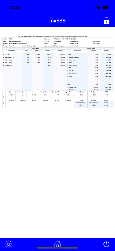 myESS - Digital payslip interface in the myESS mobile app displaying detailed payroll and tax information