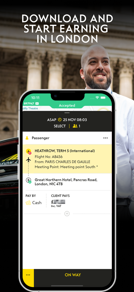 Addison Lee Driver - Addison Lee Driver app interface showing details for a pickup at Heathrow Airport Terminal 5