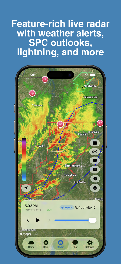 WeatherAI - Forecast & Radar - Interfaz de la aplicación WeatherAI que muestra el mapa de radar en vivo con alertas de tormentas y pronósticos SPC