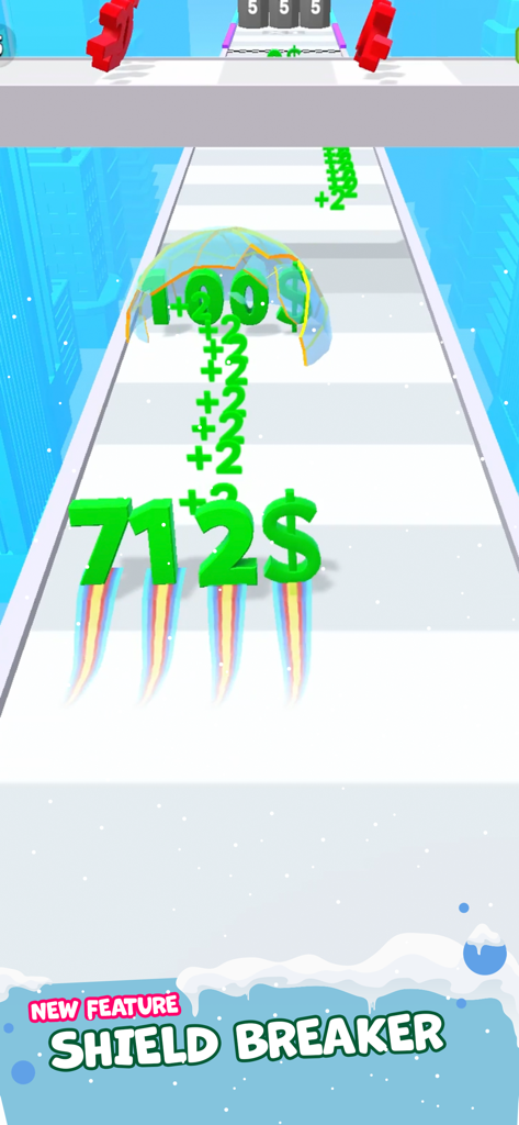 Digit Shooter mobile game screenshot showing numerical projectiles and the shield breaker feature