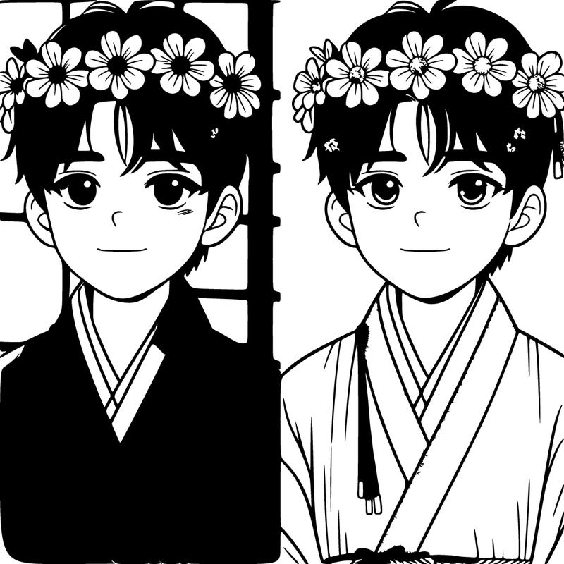 realistic korean boy with flowers in his hair