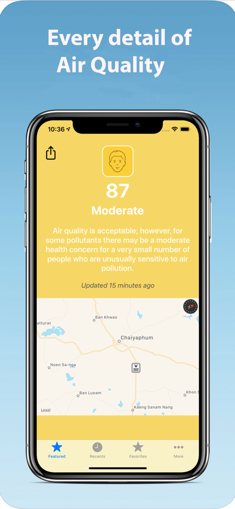 iPhone에 배경에 지역 지도가 있는 AQI 87의 보통 대기질 수준이 표시됩니다.