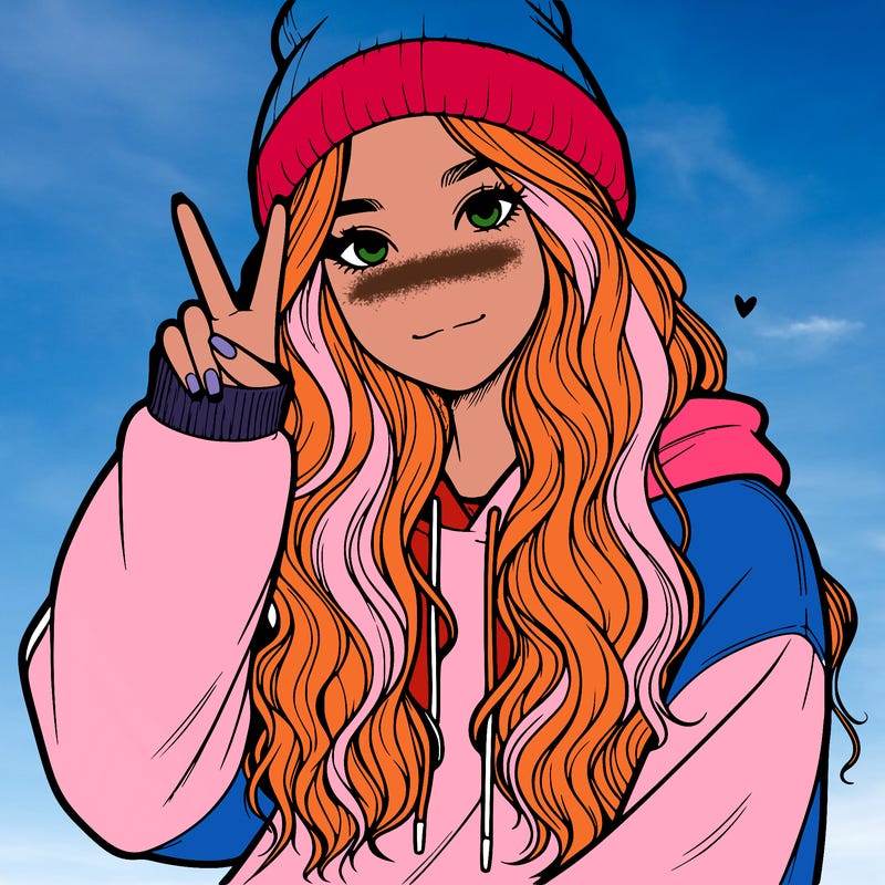 a teenage girl in a beanie, oversized sweatshirt, wavy long hair, and is showing a ✌️