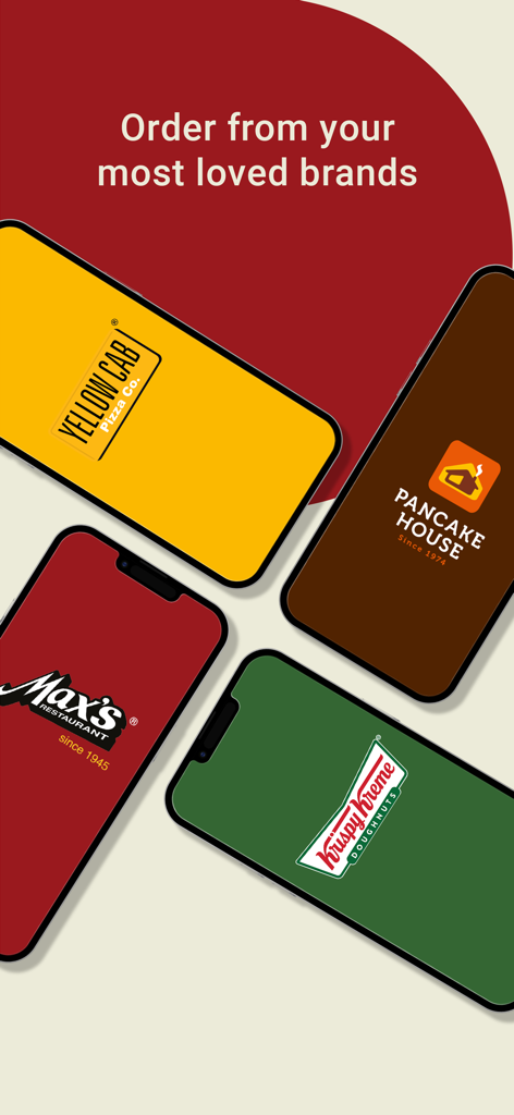 Max’s Group Delivers - Max's Group Deliversアプリ内で、Max's Restaurant、Yellow Cab、Pancake House、Krispy Kremeのロゴが表示された複数のスマートフォン。
