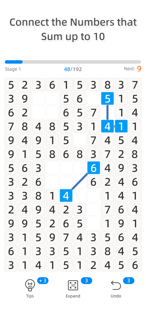 Number Match X - Gameplay screen of Number Match X showing a grid of numbers and a highlighted path connecting digits that sum to ten