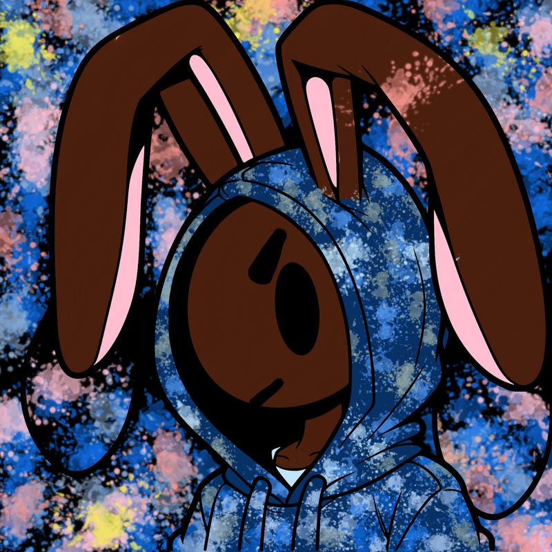 humanoid bunny wearing a hoodie and has super long droopy ears