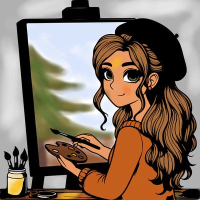 realistic girl artist painting a blank canvas