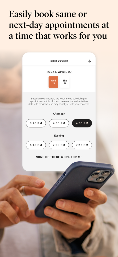 Scheduling a same or next day medical appointment on the Dialogue Health app