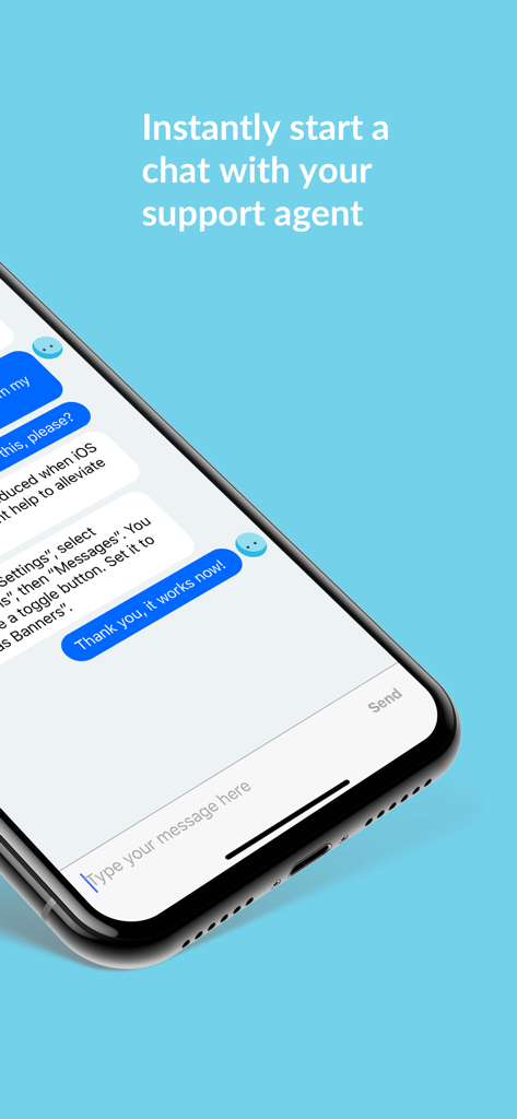Smartphone screen showing a live chat interface with a technical support agent