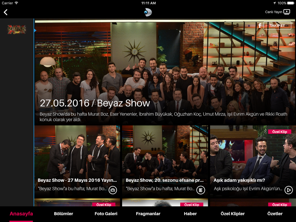 Interfaz de la aplicación Kanal D para iPad que muestra contenido y clips de video de Beyaz Show