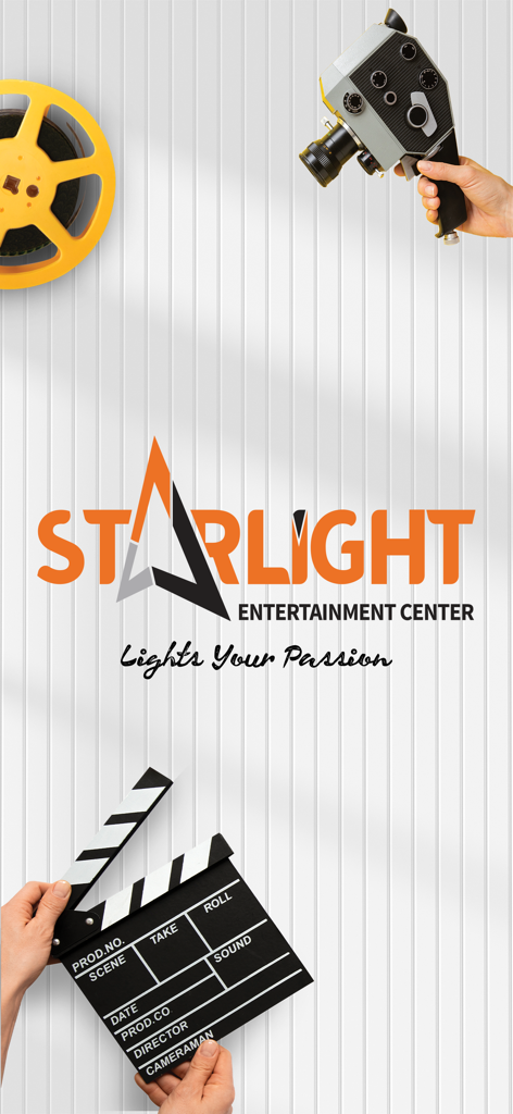 Starlight Cinemas - Starlight Entertainment Center logo with the tagline Lights Your Passion surrounded by movie props like a clapperboard and film reel.