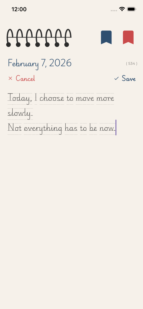 Entrada de diário diária no aplicativo Ami Note com um design minimalista de caderno espiral com uma reflexão de atenção plena