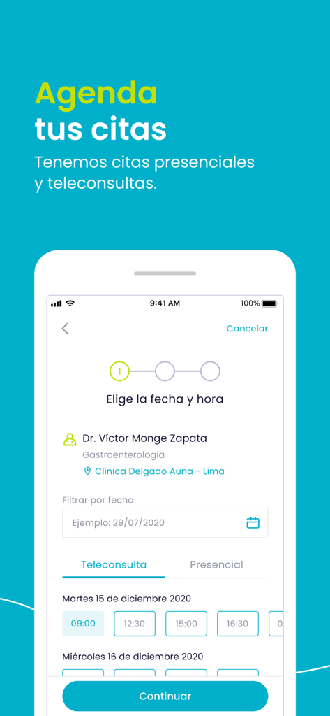Auna - Auna mobile app interface for booking medical appointments and teleconsultations.