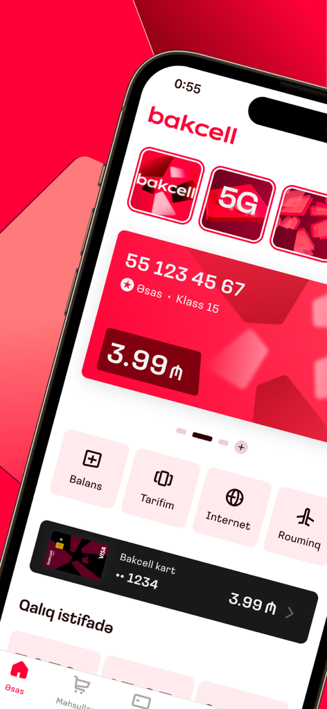 Bakcell - Bakcell mobile app dashboard showing account balance and service icons for roaming and internet