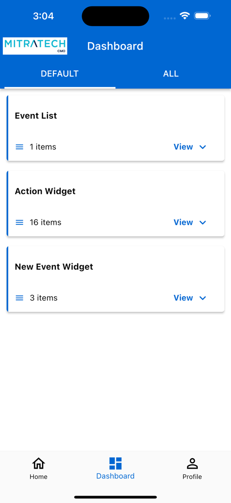 CMO Compliance V19 dashboard interface showing event list and action widgets