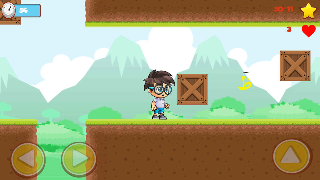 Alif Baa Runner - A cartoon boy character in a platformer game level collecting floating Arabic letters in Alif Baa Runner