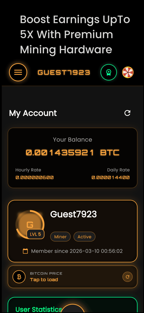 Bitcoin Mining · Crypto Mining - 계정 잔액 및 활성 채굴 속도를 보여주는 비트코인 채굴 앱 대시보드