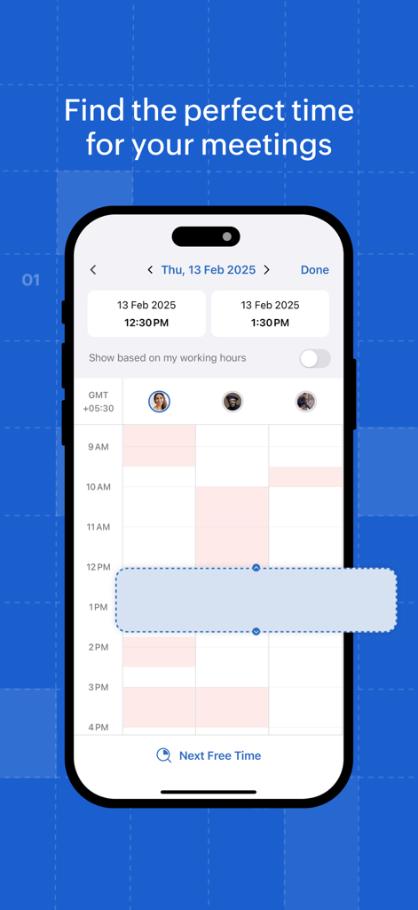 Interface do Zoho Calendar para encontrar o melhor horário de reunião entre as agendas de vários participantes.
