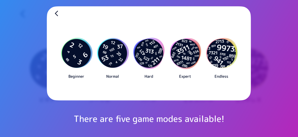 Screen showing five difficulty levels for Primee game: Beginner, Normal, Hard, Expert, and Endless