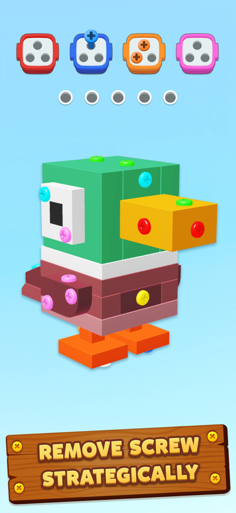 Un modello 3D di anatra tenuto insieme da viti colorate nel gioco puzzle Screwdom