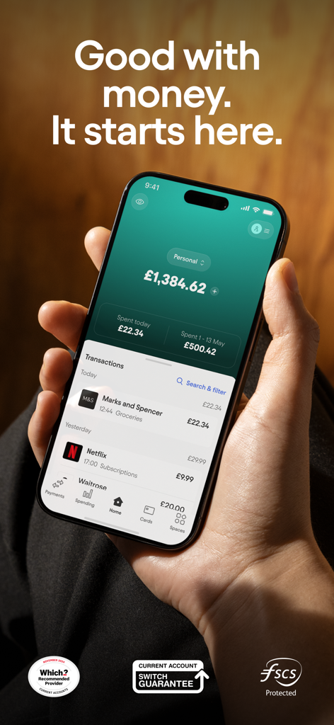 Starling - Mobile Banking - Starling Bank Mobile-App-Dashboard mit Kontostand und letzten Transaktionen auf einem iPhone.