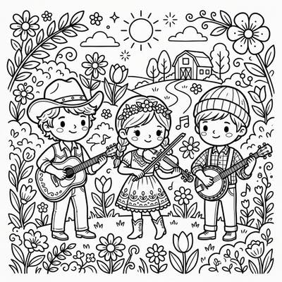 Dive into a delightful spring scene with this charming coloring page featuring chibi country musicians. Watch as three adorable kids play their instruments amidst blooming flowers and a picturesque farm backdrop, ready for your creative touch.