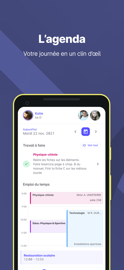 Skolengo - Interface de l'application Skolengo montrant l'emploi du temps quotidien d'un élève et la liste des devoirs