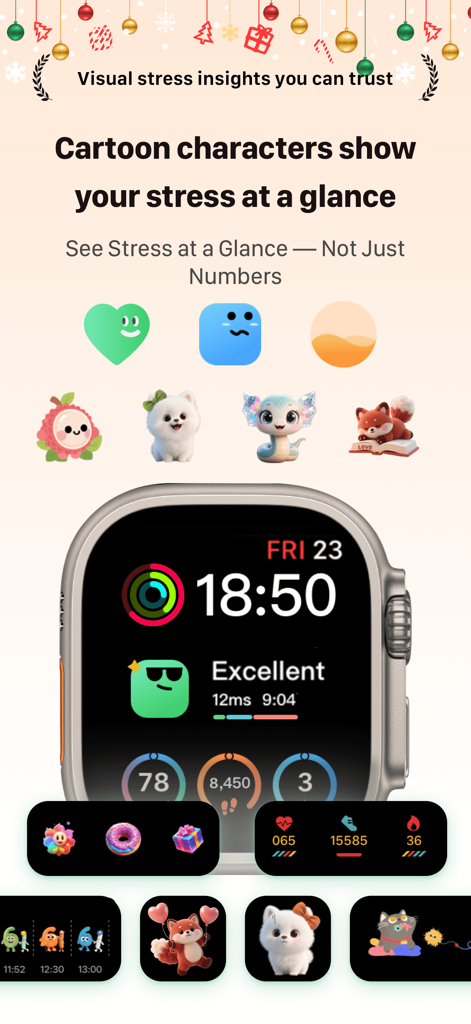 RelaxWatch: Stress&HRV Tracker - Apple Watch mostrando la interfaz de la aplicación RelaxWatch con personajes de dibujos animados que indican los niveles de estrés.