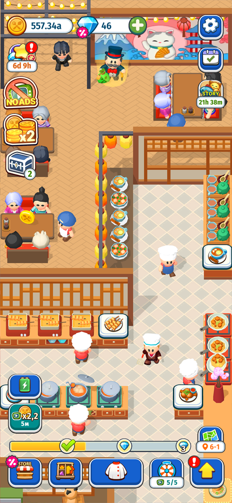 Foodventure Inc: Idle Tycoon - Vista di gioco dall'alto di un caotico ristorante a tema giapponese con chef che cucinano e clienti che mangiano in Foodventure Inc.