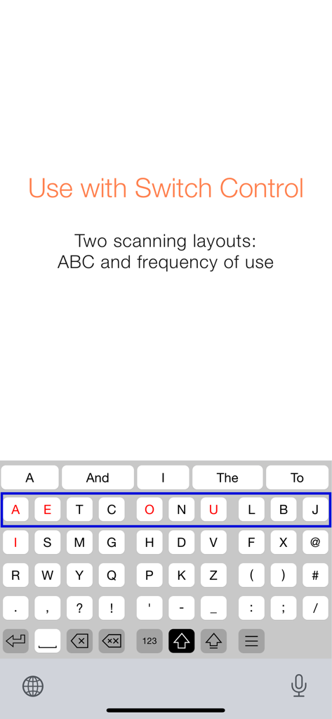 Captura de pantalla de la aplicación Keeble que muestra un diseño de teclado de escaneo de frecuencia de uso compatible con Control por Interruptor
