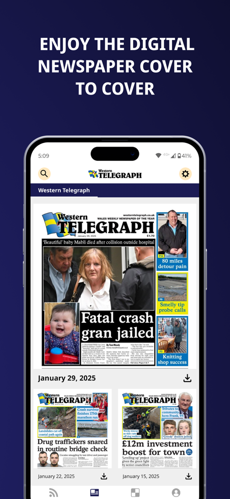A smartphone showing the Western Telegraph app with digital newspaper front covers and past editions available for reading
