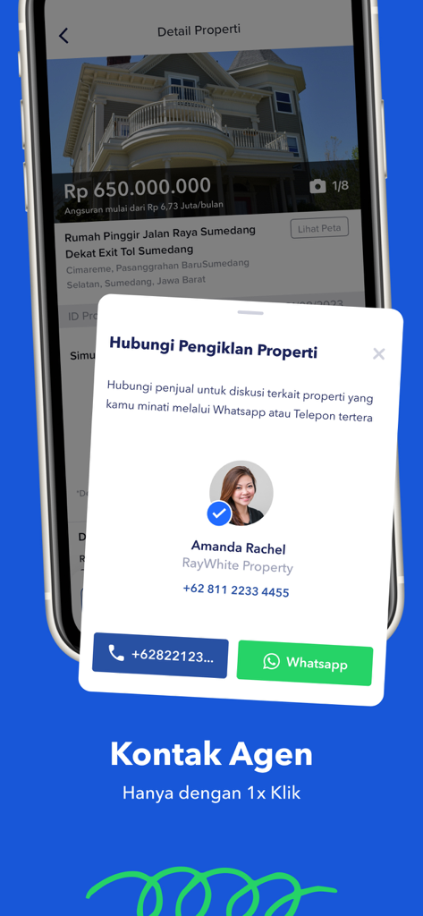 99.co Indonesia - Screenshot of 99.co Indonesia app showing a property agent contact popup with WhatsApp and call buttons