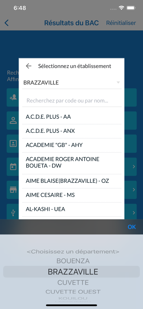 digiDEC - Interface for selecting a department and school to view BAC exam results in the digiDEC app