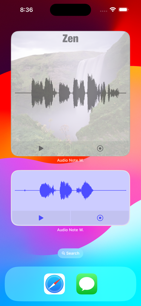 Audio Note Widget - 파형과 녹음 버튼이 있는 사용자 지정 오디오 노트 위젯을 표시하는 iPhone 홈 화면