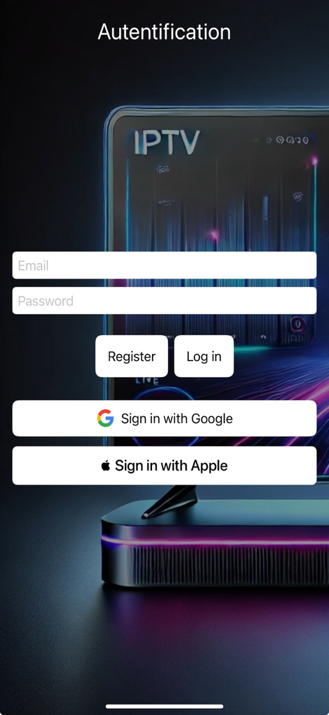 The login and registration screen for the My IPTV app with options to sign in using email, Google, or Apple accounts.